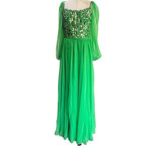 Vtg 1960s Victoria Royal Ltd Green Sequin Beaded Gown Dress Sheer Sleeves 14 M